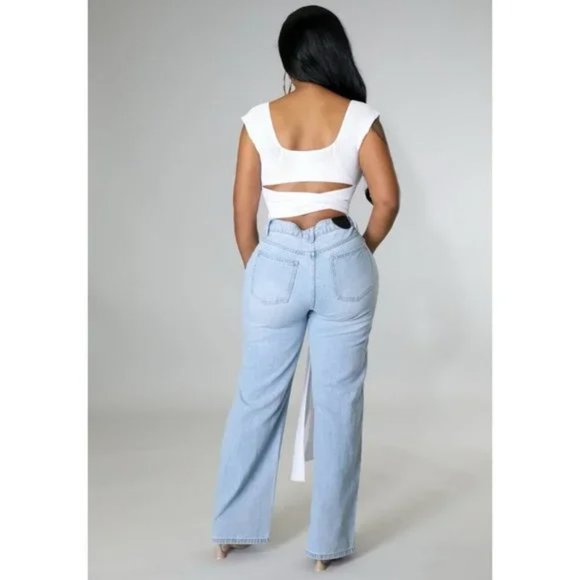 Blue High Waist Ripped Distressed Wide Leg Jeans Denim Pants - Picture 7 of 11